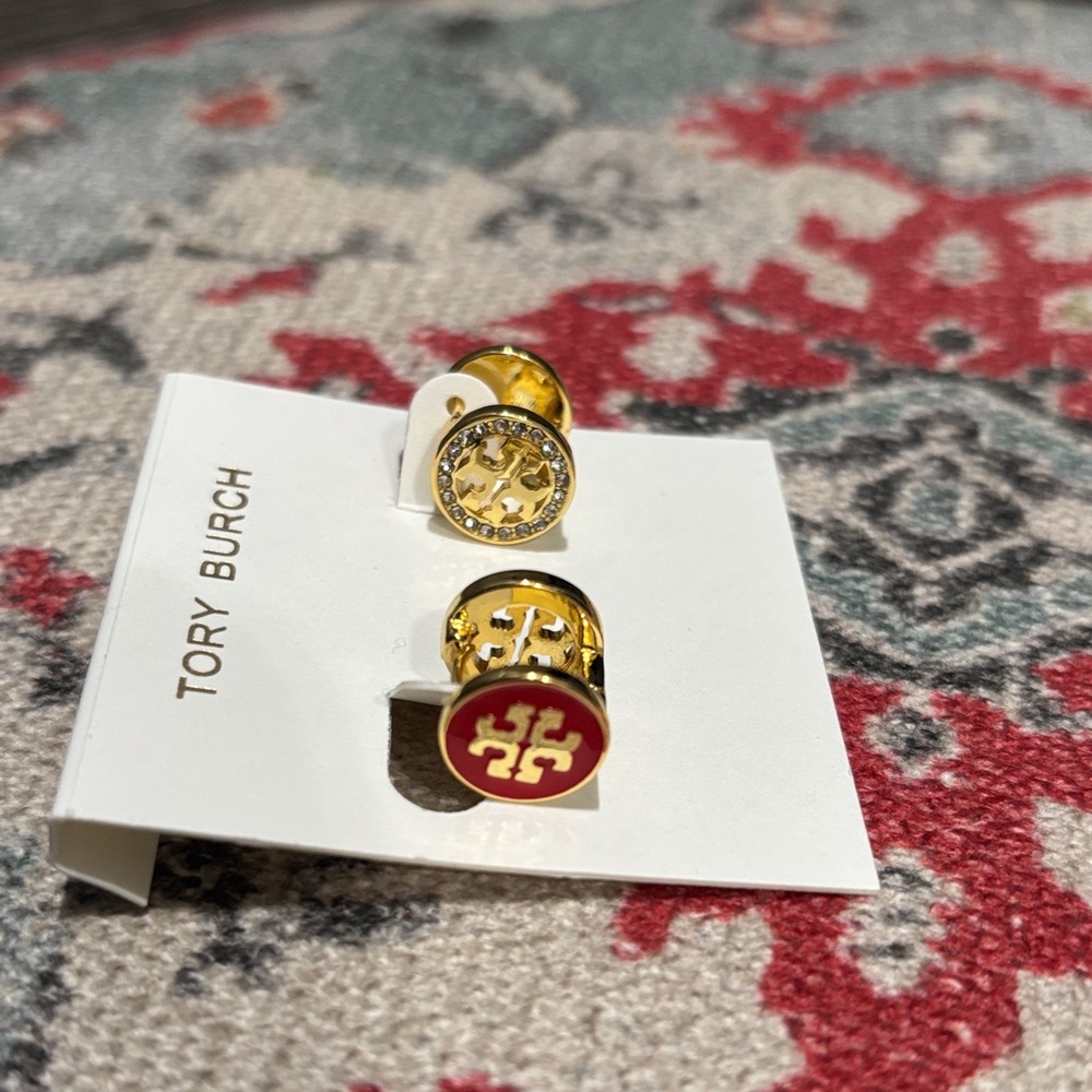 NWOT - Tory Burch Gold and Red Logo Double-sided Earrings
